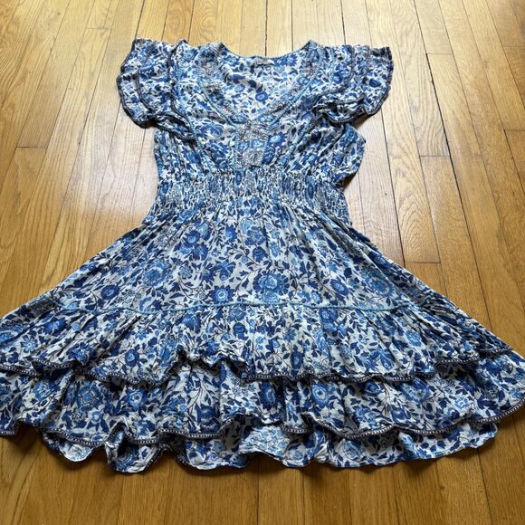 Poupette St Barth Size L Blue Floral Camila Ruffled Mini Tiered Dress - Picture 3 of 16